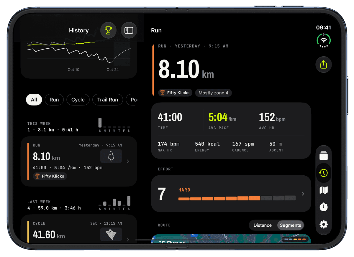 History and the redesigned workout detail side by side on an unfolded iPhone Duo