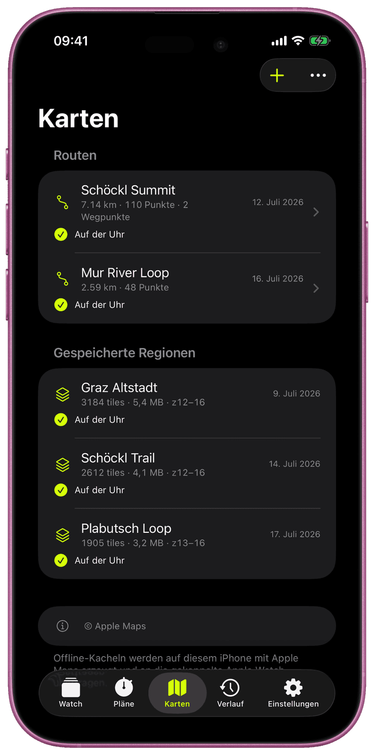 Der Karten-Tab beim Export von Offline-Kacheln für eine Region