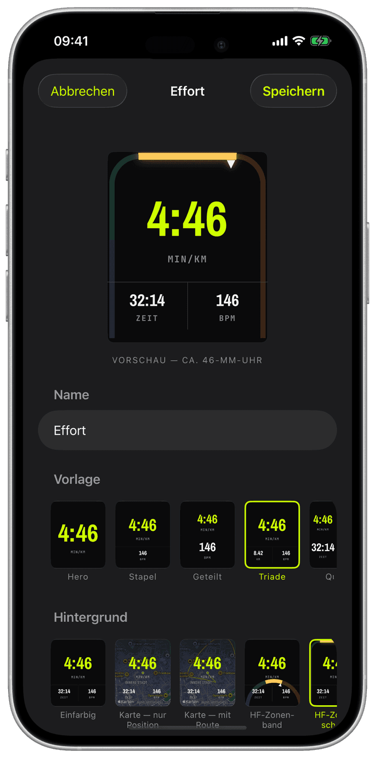 Der iPhone-Screen-Editor mit Triad-Layout und Metrik-Widgets