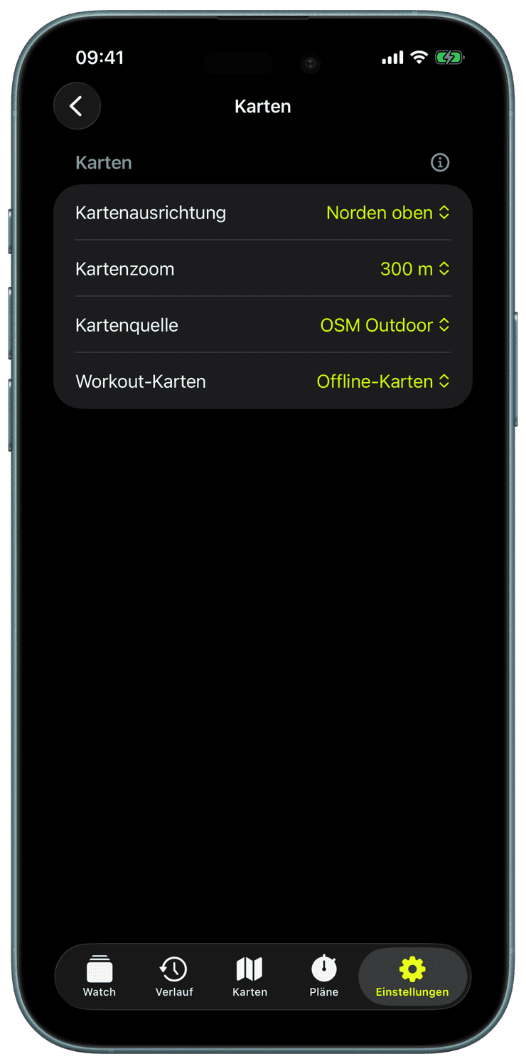 Die Karten-Einstellungen mit Kartenausrichtung, Zoom, der Quelle OSM Outdoor und Offline-Workout-Karten