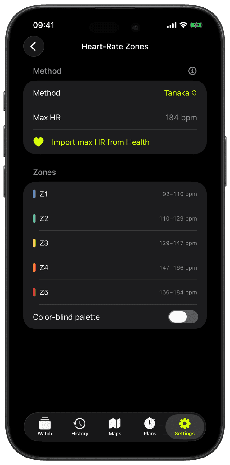 The Heart-Rate Zones settings with the Tanaka method, max HR and the five zone ranges