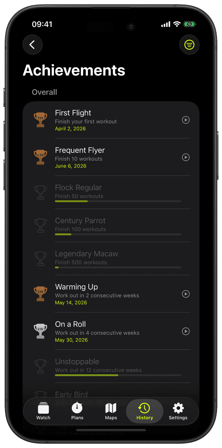 The achievements trophy room on iPhone with unlocked cups and progress bars