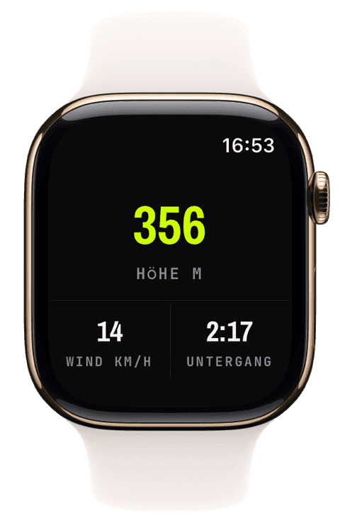 Ein Watch-Screen mit Wetterlage, Sonnenuntergangs-Countdown und Höhe — Athletic