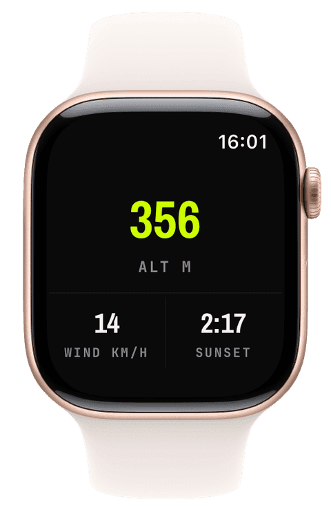 A watch screen with weather condition, sunset countdown, and altitude — Athletic