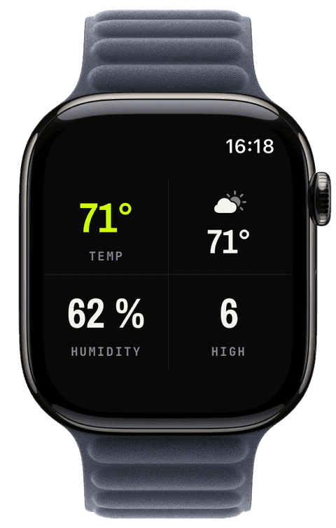 A watch screen with temperature, wind, humidity, and UV conditions — Athletic