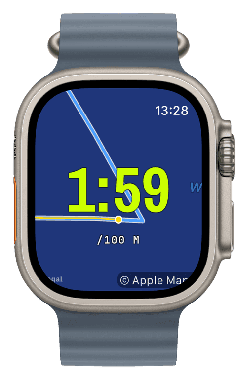 An open-water swim with pace per 100 m over the GPS swim track — Athletic