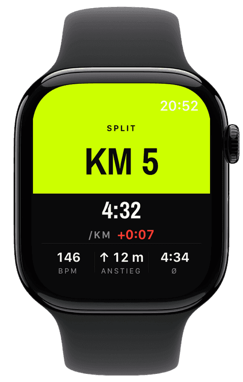 Die bildschirmfüllende Split-Karte nach Kilometer 5 mit Splitzeit, Abstand, Herzfrequenz, Anstieg und Durchschnittstempo — Athletic