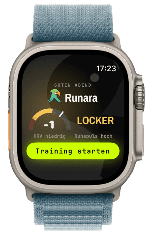 Die Startseite der Watch mit Bereitschafts-Anzeige, dem Urteil LOCKER und dem Grund HRV niedrig · Ruhepuls hoch