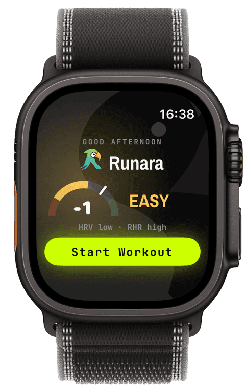 The watch Start page with the readiness dial, the EASY verdict and the reason HRV low · RHR high