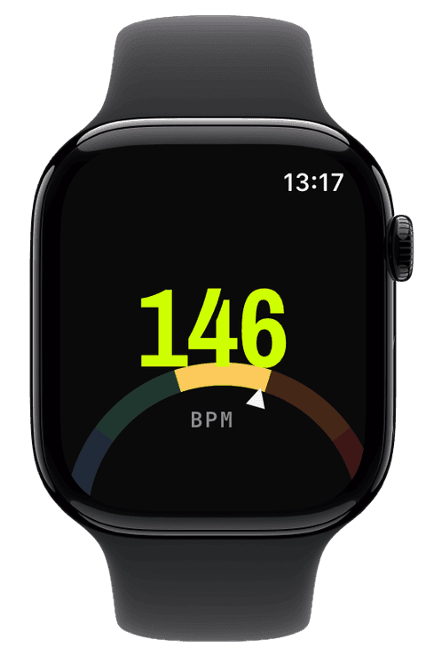 Live heart rate on a coloured zone arc during a workout — Athletic