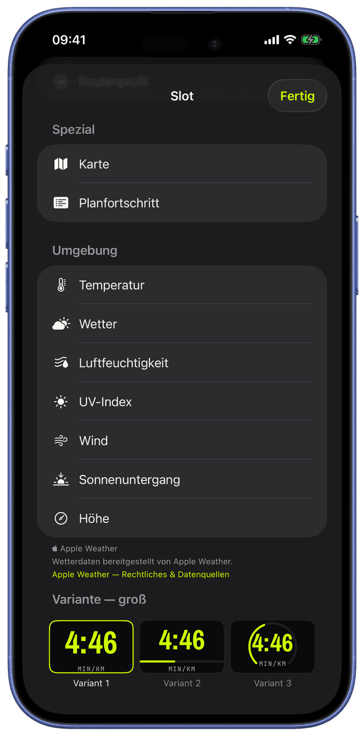 Die Umgebungs-Widget-Kategorie mit Wetter- und Höhen-Widgets am iPhone