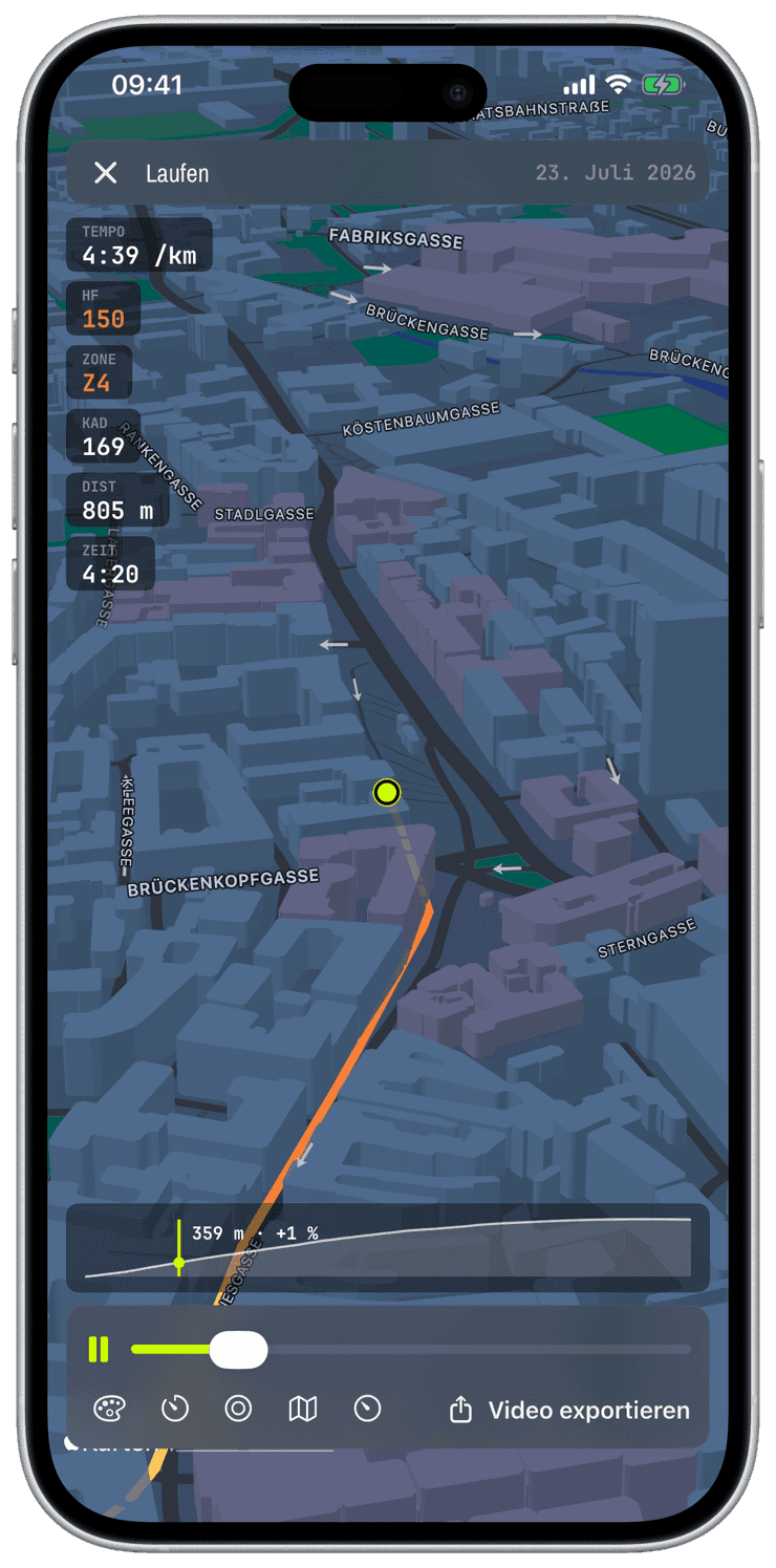 Der 3D-Flyover beim Nachfliegen einer Route über 3D-Gelände mit Live-Chips