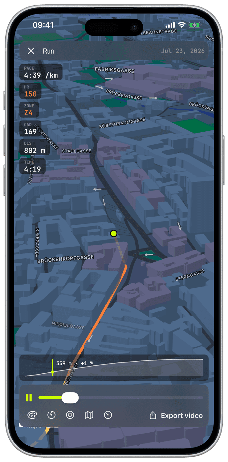 The 3D Flyover replaying a route over 3D terrain with live readout chips