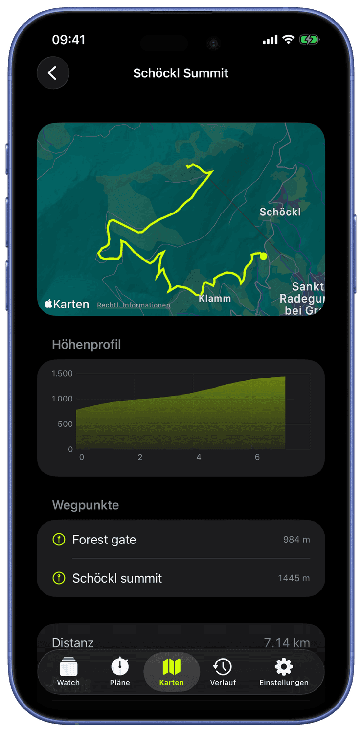 Eine Routen-Detailansicht am iPhone mit Karte, Wegpunkten und Höhenprofil