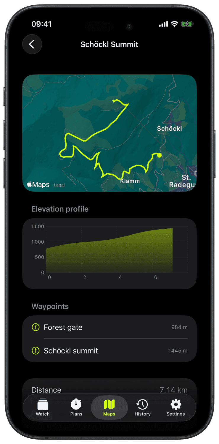 A route detail view on iPhone with map, waypoints and elevation profile