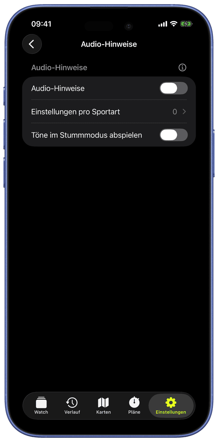 Die Einstellungen der Audio-Hinweise mit Hauptschalter, Einstellungen pro Sportart und Stumm-Modus-Option