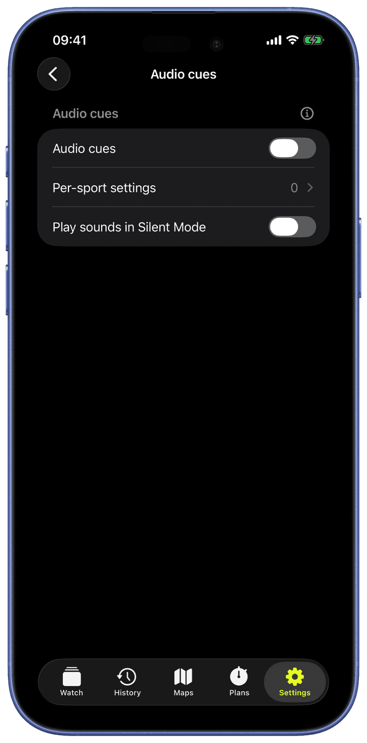 The Audio cues settings with the master switch, per-sport settings and Silent Mode option