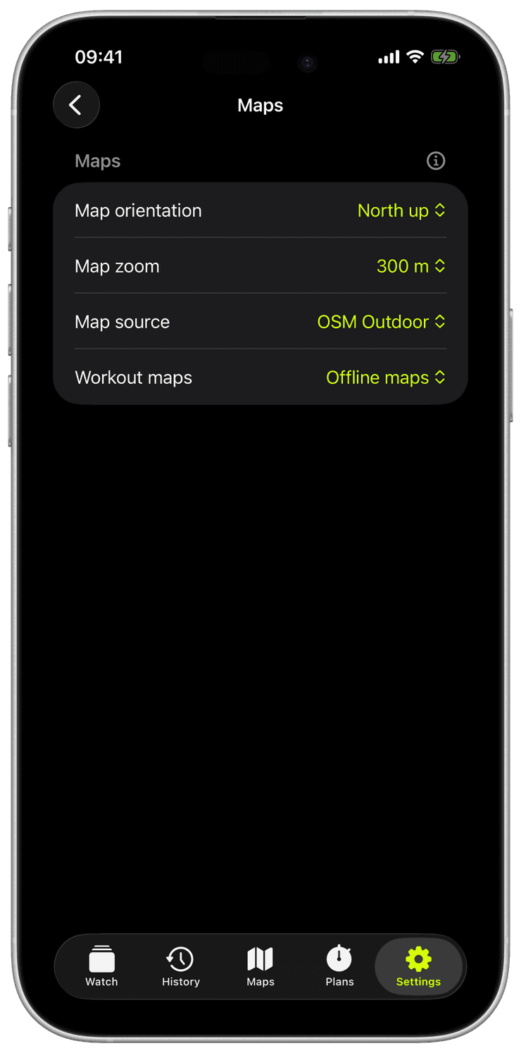 The Maps settings with map orientation, zoom, the OSM Outdoor source and offline workout maps