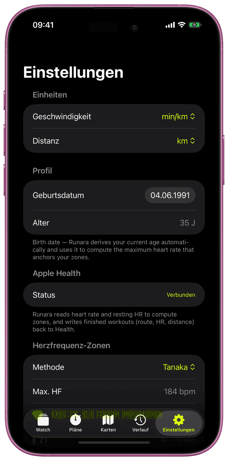 Einstellungen mit verbundenem Apple Health und HF-Zonen
