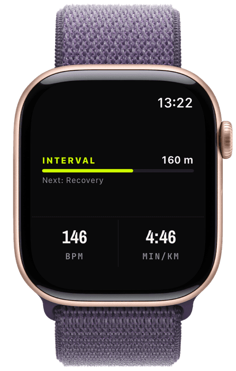 A running interval on the watch with countdown and next step — Athletic