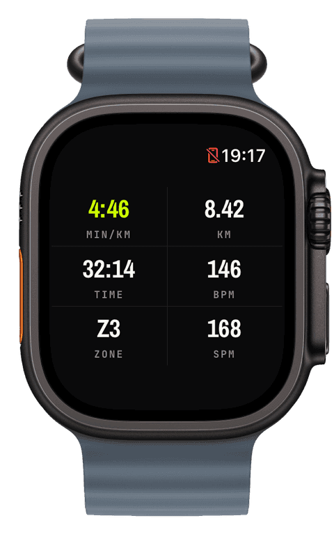A Dense layout packing six readouts onto one watch screen