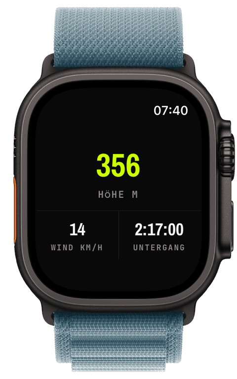 Ein Watch-Screen mit Wetterlage, Sonnenuntergangs-Countdown und Höhe