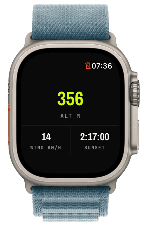 A watch screen with weather condition, sunset countdown, and altitude