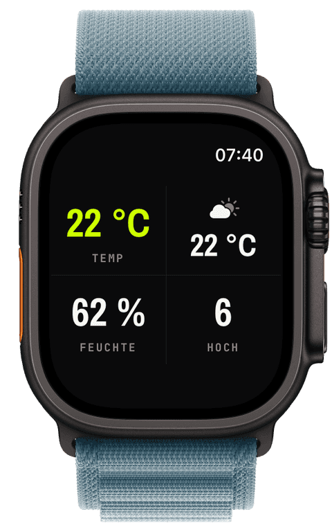 Ein Watch-Screen mit Temperatur, Wind, Luftfeuchte und UV-Werten