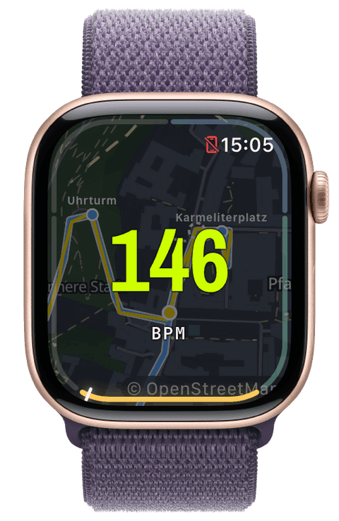 Ein abgedunkelter Karten-Hintergrund unter einer Herzfrequenz-Zonen-Leiste — Athletic