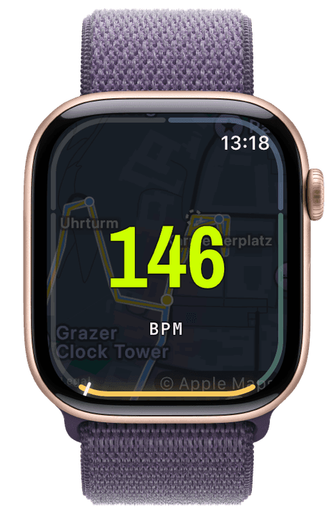 A dimmed map background under a heart-rate zone rail — Athletic
