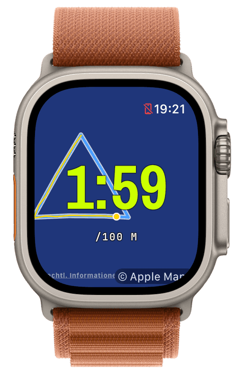 Ein Freiwasserschwimmen mit Tempo pro 100 m über dem GPS-Schwimmtrack