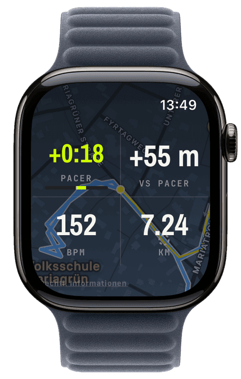 Das Pacer-Widget mit dem Abstand zum Geist während eines Laufs — Athletic