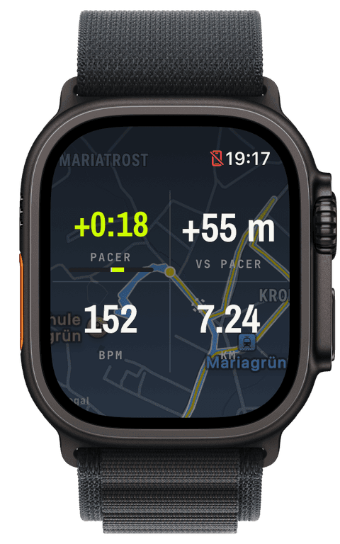 The pacer widget showing the gap to the ghost during a run