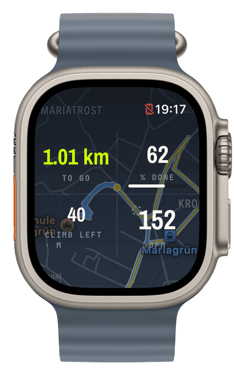 Following a route on the watch with an off-route pointer back to the track