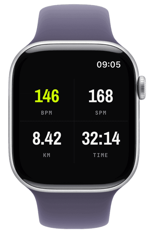 A running workout with a four-metric cadence dashboard
