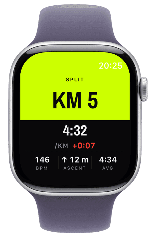 The full-screen split card after kilometre 5 with split time, delta, heart rate, ascent and average pace — Athletic